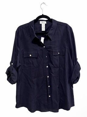 Chaus Cotton and Linen Blend Navy Button-Down Shirt